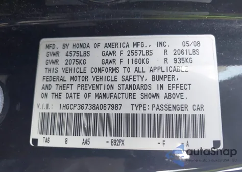 2008 Honda Accord 3.5 Ex from USA, damaged, VIN 1HGCP36738A067987